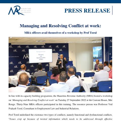 Document preview: Managing and Resolving Conflict at work: MRA officers avail themselves of a workshop by Prof Torul — Document, Mauritius (CERFA n°PressReleaseWorkshop290922)