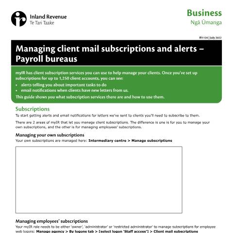 Document preview: Managing client mail subscriptions and alerts - Payroll bureaus — Other, New Zealand (CERFA n°IR1134)