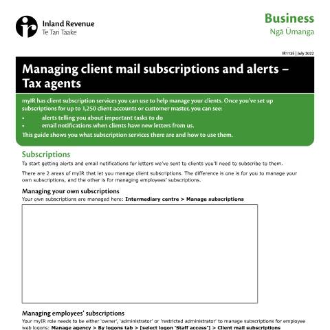 Document preview: Managing client mail subscriptions and alerts - Tax agents — Other, New Zealand (CERFA n°IR1135)