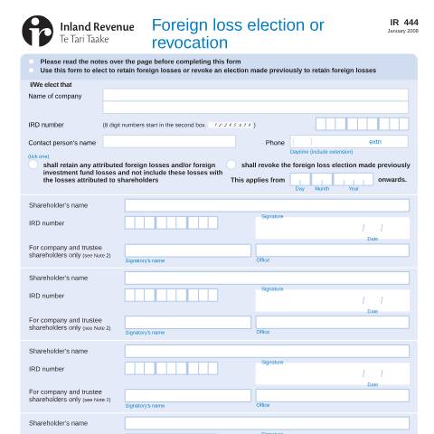 Document preview: Foreign loss election or revocation — Income tax, New Zealand (CERFA n°IR444)