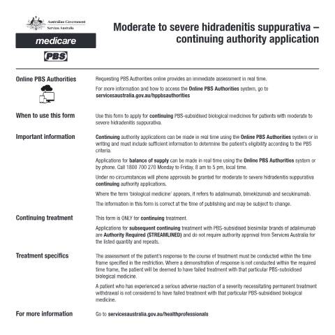 Document preview: Moderate to severe hidradenitis suppurativa - continuing authority application form (PB219) — Services Australia — Health professionals, Australia (CERFA n°PB219)