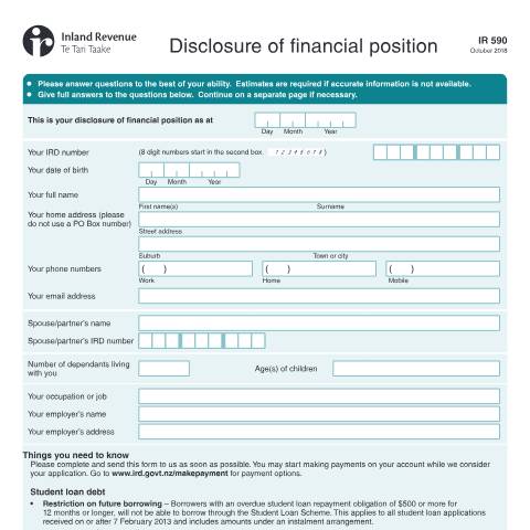 Document preview: Disclosure of financial position — Managing my tax, New Zealand (CERFA n°IR590)