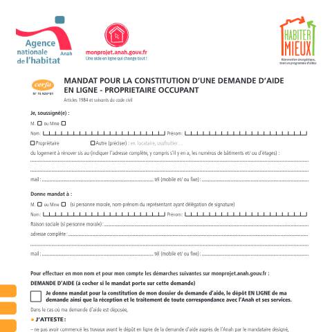 Aperçu du document Propriétaire occupant : mandat pour une demande d'aide financière en ligne (Anah) — Particuliers, France (CERFA n°15923*01)