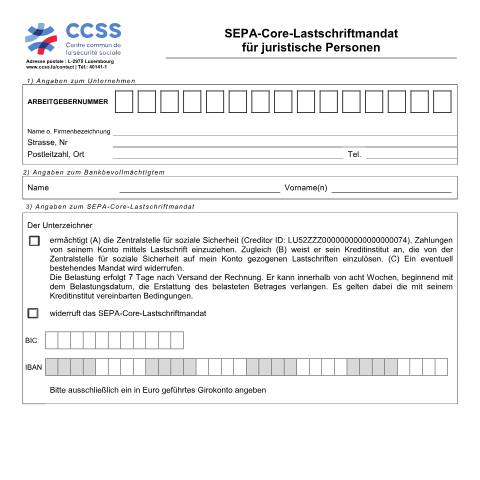 Aperçu du document de Lastschriftmandat für juristische Personen — Securite sociale, Luxembourg (CERFA n°ccss-formulaire-domiciliation-sepa-personnes-morales)