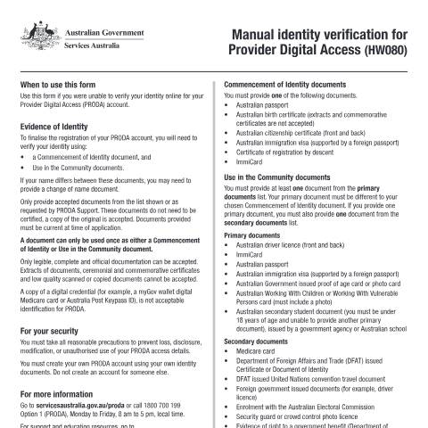Document preview: Manual identity verification for Provider Digital Access form (HW080) — Services Australia — Health professionals, Australia (CERFA n°HW080)