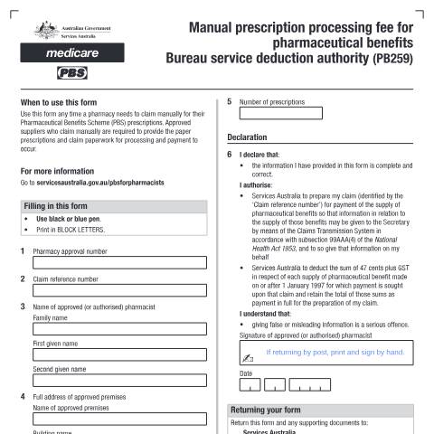Document preview: Manual Prescription processing fee form (PB259) — Services Australia — Health professionals, Australia (CERFA n°PB259)
