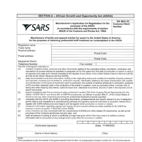 Document preview: DA 46A1 03 – Manufacturers application for registration for the purposes of AGOA – External Form — PDF Forms, South Africa (CERFA n°DA 46A1 03)