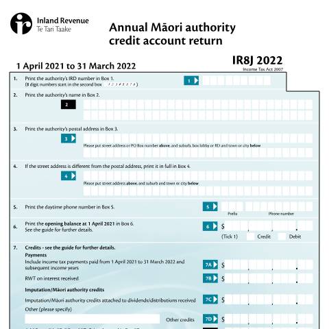 Document preview: Māori authority credit account return — Māori, Income tax, New Zealand (CERFA n°IR8J)