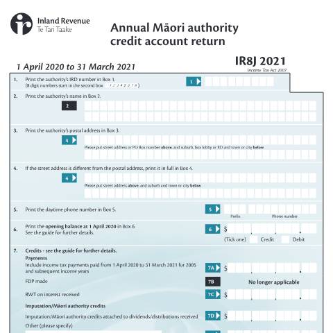 Document preview: Māori authority credit account return — Māori, Income tax, New Zealand (CERFA n°IR8J)