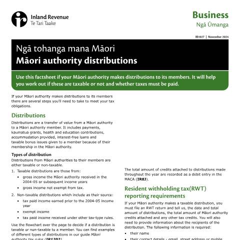 Document preview: Māori authority distributions — Māori, New Zealand (CERFA n°IR1027)