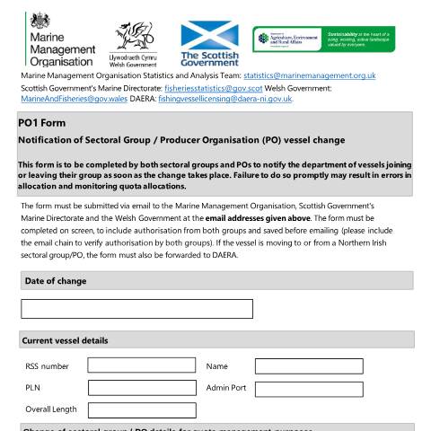 Document preview: Forms for Producer Organisations (PO) to communicate vessel changes and quotas swaps — Marine Management Organisation, United Kingdom
