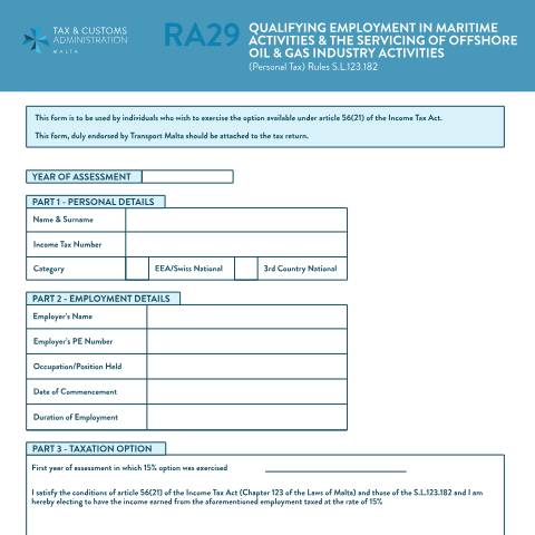 Document preview: RA Forms — ra29---qualifying-employment-in-maritime-activities-and-the-servicing-of-offsore-oil.pdf — income_tax, Malta (CERFA n°ra29---qualifying-employment-in-maritime-activities-and-the-)
