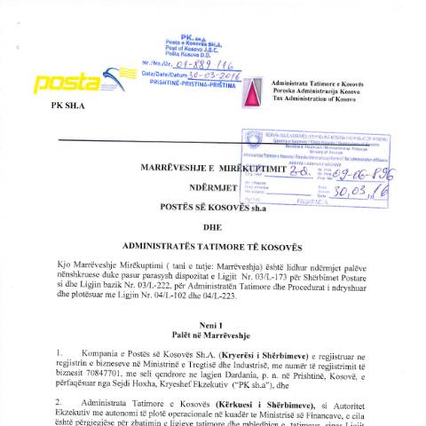 Document preview: MARRËVESHJE BASHKËPUNIMI MIDIS ATK-SË DHE POSTËS SË KOSOVËS — Marreveshjet E Bashkepunimit, Kosovë