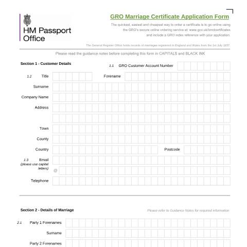 Document preview: Marriage certificate application form — HM Passport Office, United Kingdom