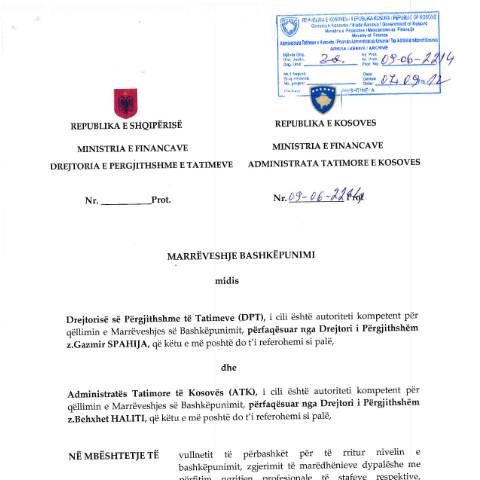 Document preview: MARRËVESHJE BASHKËPUNIMI MIDIS ATK-SË DHE DPTSH-SË — Marreveshjet E Bashkepunimit, Kosovë