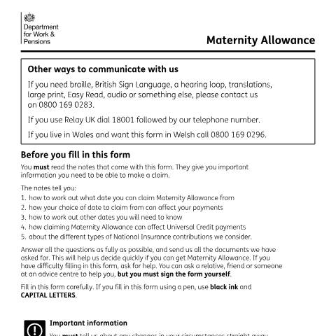 Document preview: Maternity Allowance claim form — Department for Work and Pensions, United Kingdom