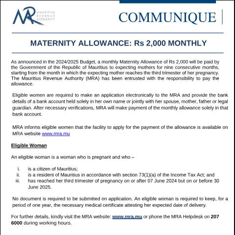 Document preview: Maternity Allowance : Rs 2,000 Monthly (03.07.24) — Document, Mauritius (CERFA n°MaternityAllowance030724)