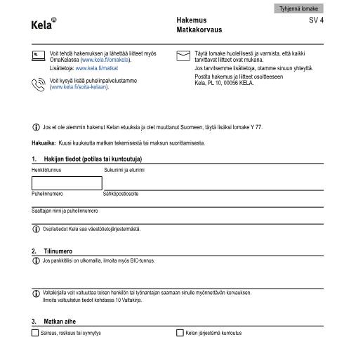 Document preview: Hakemus - Matkakorvaus — Kuntoutus, Suomi (CERFA n°Kela SV 4)