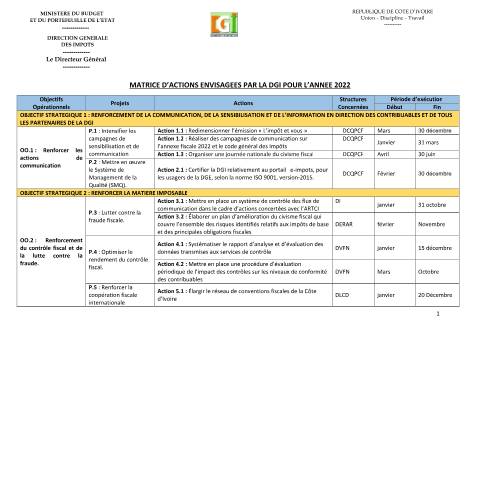 Aperçu du document MATRICE DES ACTIONS PROPOSEES AU PAS 2022 DGI — Plan d'actions, Côte d'Ivoire