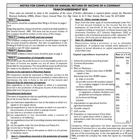 Document preview: Notes for completion of the Annual Return — Form, Mauritius (CERFA n°IT03Notes_FINAL2010)