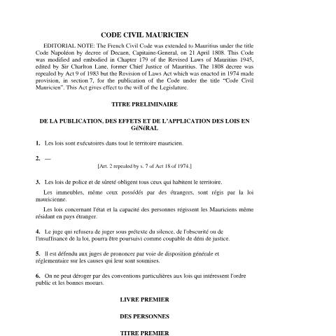Document preview: code-civil-mauricien — Document, Mauritius (CERFA n°code-civil-mauricien)