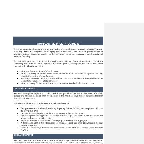 Document preview: CSP Fact Sheet – 20 May 2020 — Act / Law, Mauritius (CERFA n°CSP-Fact-Sheet-20-May-2020)