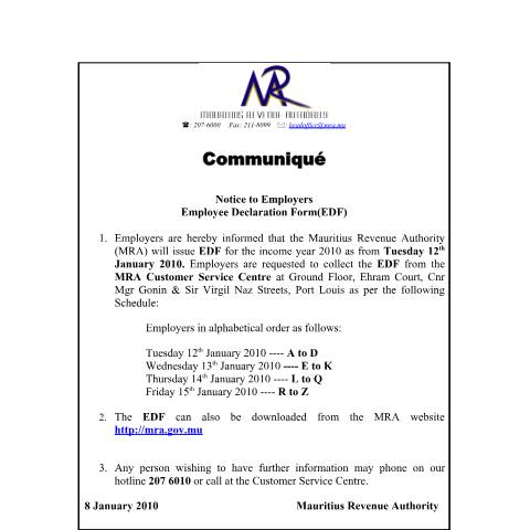 Document preview: Notice to Employers - EDF 2010 (08.01.2010) — Notice / Circular, Mauritius (CERFA n°CommuniqueEDF2010)