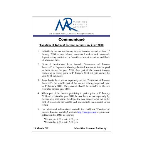 Document preview: Taxation of Interest Income received in Year 2010 (18.03.2011) — Notice / Circular, Mauritius (CERFA n°CommuniqueTaxationInterest)