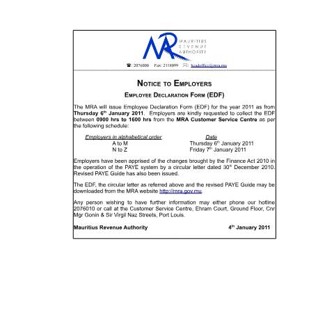 Document preview: Distribution of EDF 2011 (04.01.2011) — Notice / Circular, Mauritius (CERFA n°CommuniqueEDF2011)