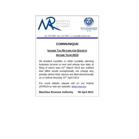 Document preview: Extension for Submission&nbsp;of Return Société (09.04.2013) — Form, Mauritius (CERFA n°CommuniqueSociete090413)