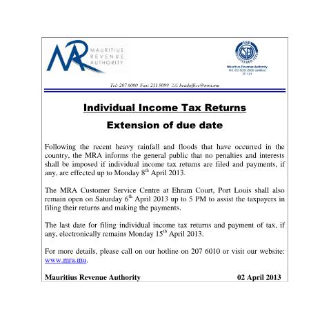 Document preview: Extension for Submission Date of Return (02.04.13) — Form, Mauritius (CERFA n°CommuniqueITAupdated2013[1])