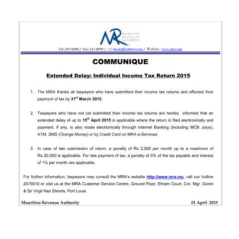 Document preview: Extended Delay : &nbsp;Individual Income Tax Return 2015 (01.04.15) — Form, Mauritius (CERFA n°EFilingExtension010415)