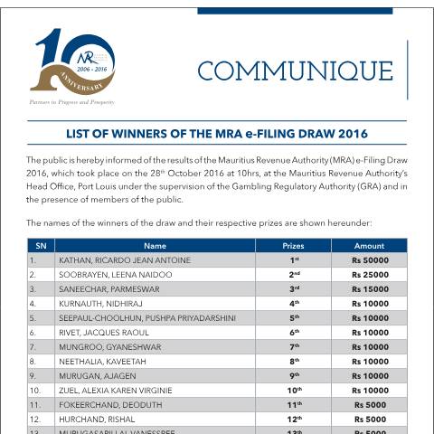 Document preview: Winners of the E-Filing Lucky Draw 2016/17 (28.10.16) — Document, Mauritius (CERFA n°EFiling281016)