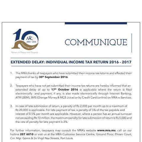 Document preview: Individual Income Tax Return 2016 - 2017 (06.10.16) — Form, Mauritius (CERFA n°ExtendedDelay)