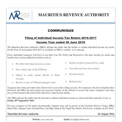 Document preview: Filing of Individual Income Tax Return 2016-2017 (24.08.16) — Form, Mauritius (CERFA n°FilingSeason2016)