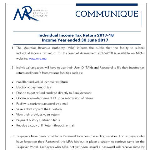 Document preview: Filing of Individual Income Tax Return 2017-2018 (31.08.17) — Form, Mauritius (CERFA n°CommuniqueFilingSeason2017)