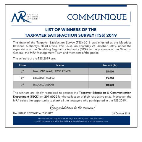 Document preview: List of winners of the Taxpayer Satisfaction Survey (TSS) 2019 (24.10.19) — Reference, Mauritius (CERFA n°TSSDraw2019)