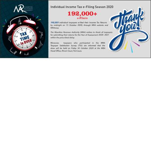 Document preview: Individual Income Tax e-Filing Season 2020 : Thank you (16.10.20) — Document, Mauritius (CERFA n°ThankYouFilingSeason2020)