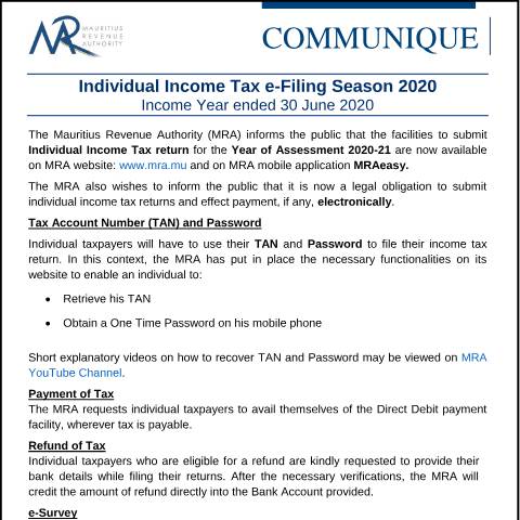 Document preview: Individual Income Tax e-Filing Season 2020 for the Income Year ended 30 June 2020 (01.09.20) — Notice / Circular, Mauritius (CERFA n°CommuniqueEfiling2020)