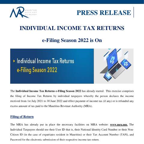 Document preview: Individual Income Tax Returns : e-Filing Season 2022 is On (29.08.22) — Form, Mauritius (CERFA n°PressReleaseITReturn290822)