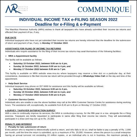 Document preview: Individual Income Tax e-Filing Season 2022 :&nbsp;Deadline for e-Filing &amp; e-Payment (13.10.22) — Notice / Circular, Mauritius (CERFA n°CommuniqueFilingSeason2022)