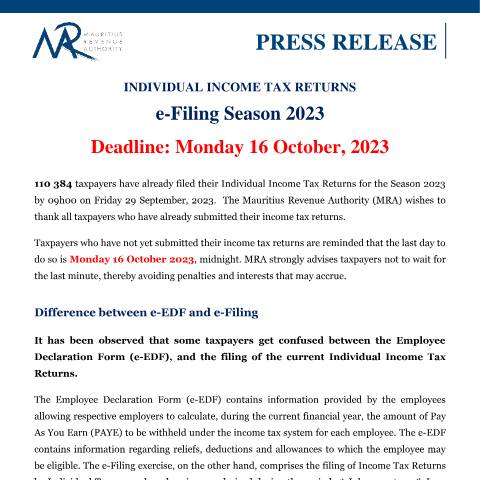 Document preview: Deadline : Monday 16 October 2023 (29.09.23) — Document, Mauritius (CERFA n°PressRelease290923)
