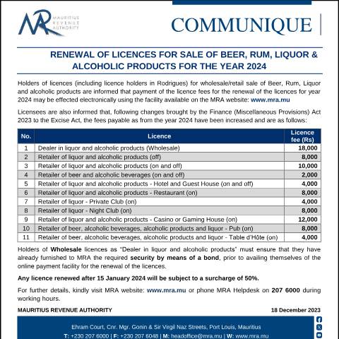Document preview: Renewal of Licences for Sale of Beer, Rum, Liquor &amp; Alcoholic Products for the year 2024 (18.12.23) — Notice / Circular, Mauritius (CERFA n°Communique181223)