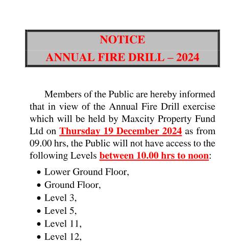 Document preview: NOTICE – ANNUAL FIRE DRILL 2024 — Document, Mauritius (CERFA n°NOTICE-ANNUAL-FIRE-DRILL-2024)