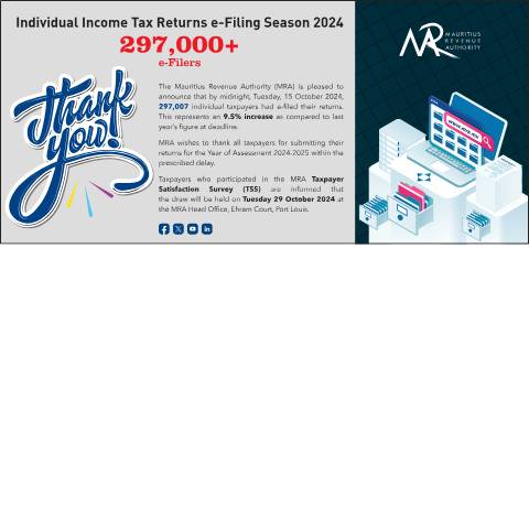 Document preview: Individual Income Tax Returns e-Filing Season 2024 - Thank You (16.10.24) — Form, Mauritius (CERFA n°ThankYoueFilersAd2024)