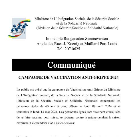 Document preview: Communique Anti Grippe 2024 — Notice / Circular, Mauritius (CERFA n°Communique-Anti-Grippe-2024)