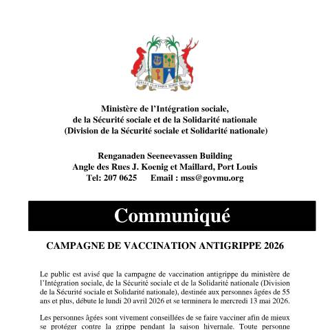 Document preview: Communique Anti Grippe 29042026 — Notice / Circular, Mauritius (CERFA n°Communique-Anti-Grippe-29042026)