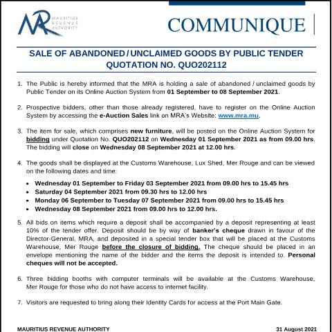 Document preview: Sale of Abandoned / Unclaimed Goods by Public Tender - Quotation 12 (31.08.21) — Form, Mauritius (CERFA n°CommuniqueQUO202112)