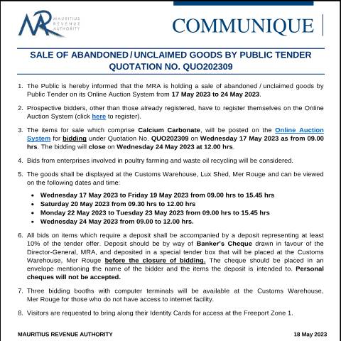 Document preview: Qu. 09 of 2023 (18.05.23) — Notice / Circular, Mauritius (CERFA n°CommuniqueQUO202309)