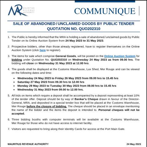 Document preview: Qu. 10 of 2023 (24.05.23) — Notice / Circular, Mauritius (CERFA n°CommuniqueQUO202310)